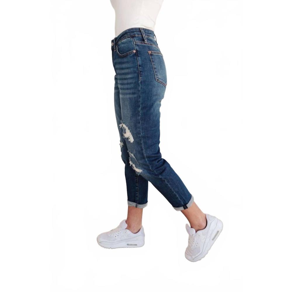 NEW JUDY BLUE mid rise thermal boyfriend distressed jeans in blue - Picture 3 of 3
